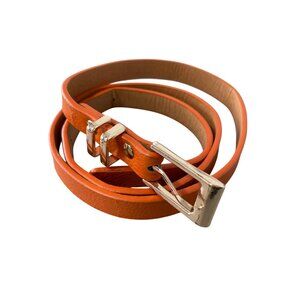 Skinny Leather Belt Size Medium Large Thin Gold Tone Buckle Vibrant Orange